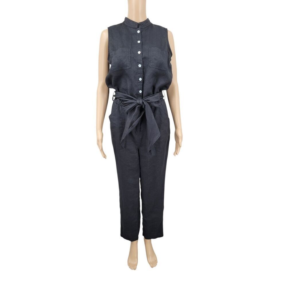 Linen Chelsea & Violet Sleeveless Black Button-Front Tie-Waist Jumpsuit